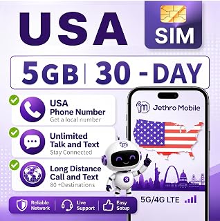 USA Prepaid Sim Card (Uses T-Mobile), Unlimited Talk, Text, Data & Max 5GB High-Speed Data, Quick Activation, Reloadable, Easy to Use, Jethro Mobile US SIM Card for Canadian Travelers 30 Day