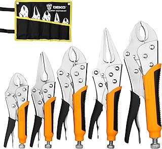 DEKOPRO 5 Pcs Locking Pliers Set 5" (126mm), 7" (178mm), 10" (254mm) Curved Jaw Lock Pliers, 6-1/2" (165mm), 9-1/2" (241mm) Long Nose Locking Pliers Curved Jaw Long Nose