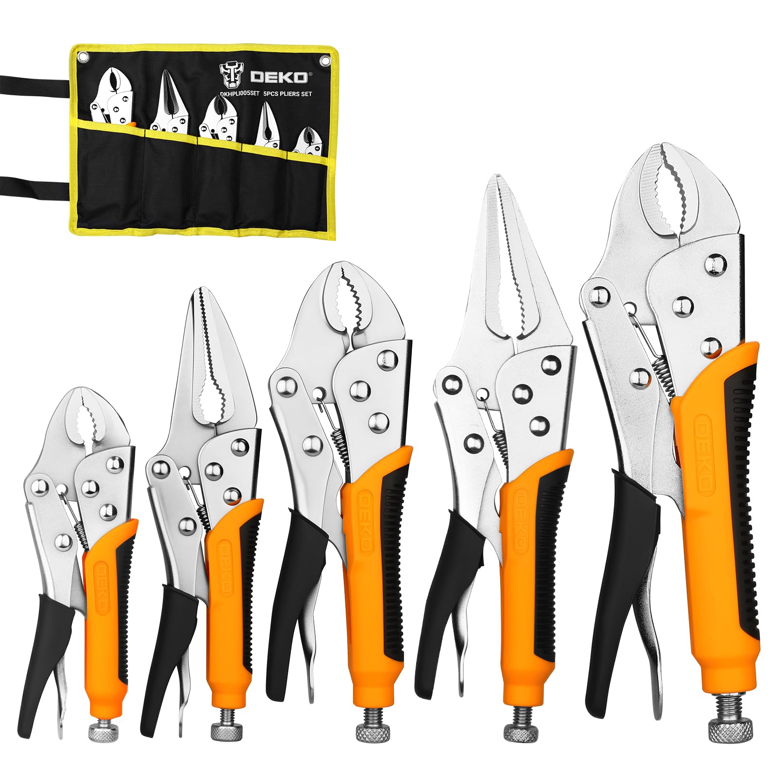 DEKOPRO 5 Pcs Locking Pliers Set 5" (126mm), 7" (178mm), 10" (254mm) Curved Jaw 