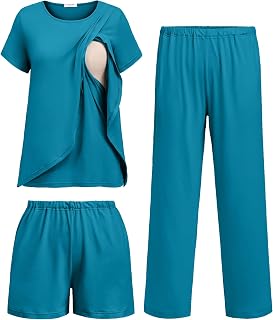 Ekouaer Conjunto de 3 pijamas de maternidad para lactancia posparto, camisas de manga corta, pantalones cortos y pantalones para embarazo, tallas S-XXL