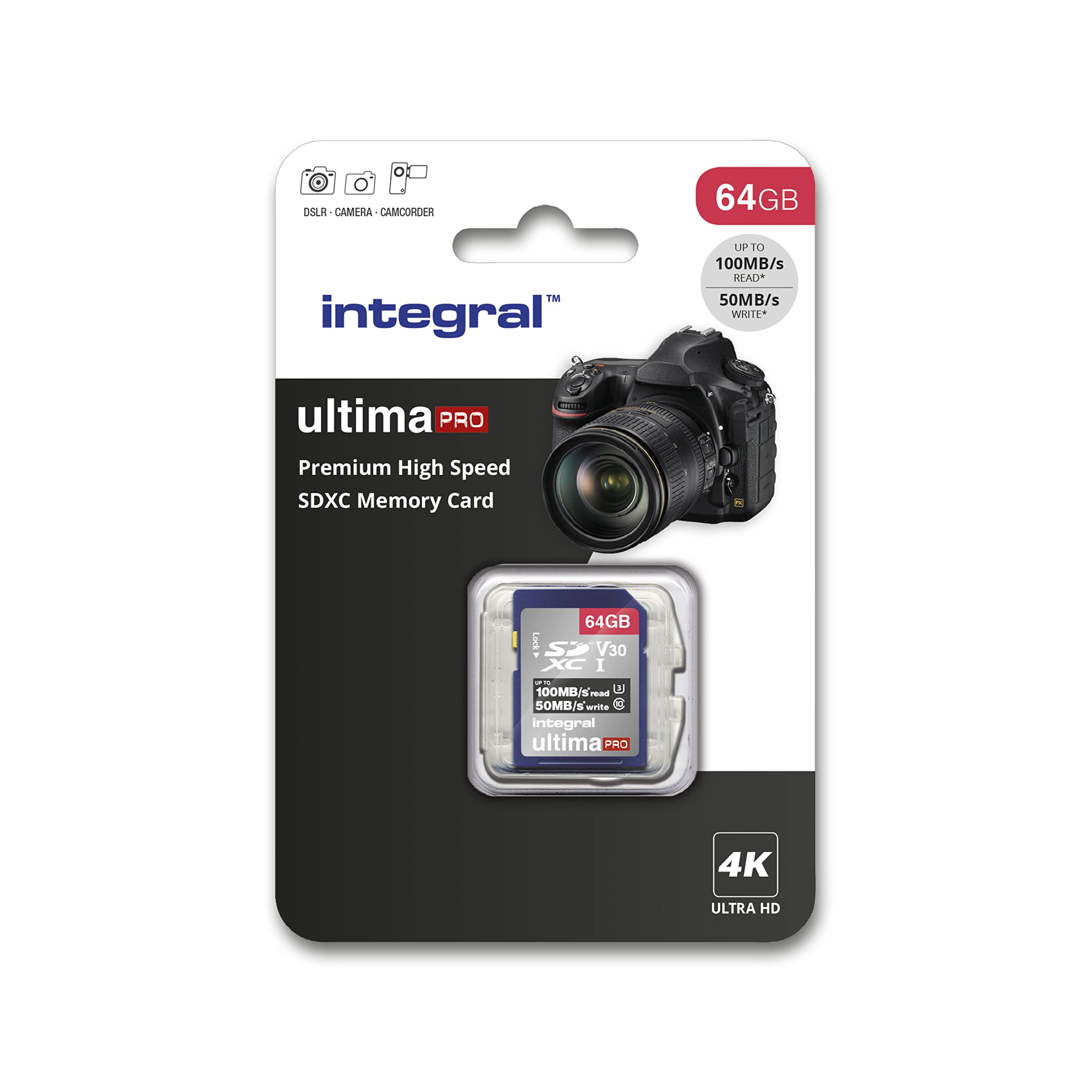 Integral 64GB SD Card 4K Ultra-HD Video High Speed SDXC V30 UHS-I U3 Class 10 Me