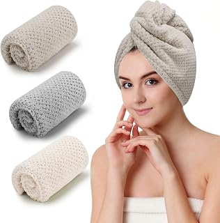 CZZXI 3 PCS Microfiber Hair Towel, Hair Wraps for Women Wet Hair。 | Fast Drying Hair Turban, Anti Frizz Head Towels Wrap for Curly Hair (Beige, Khaki, Grey)