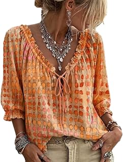Women V Neck Tie Front Boho Blouse 3/4 Sleeve Flowy Ruffle Top Relaxed Fit Print Shirt Holiday Casual Vacation Shirts