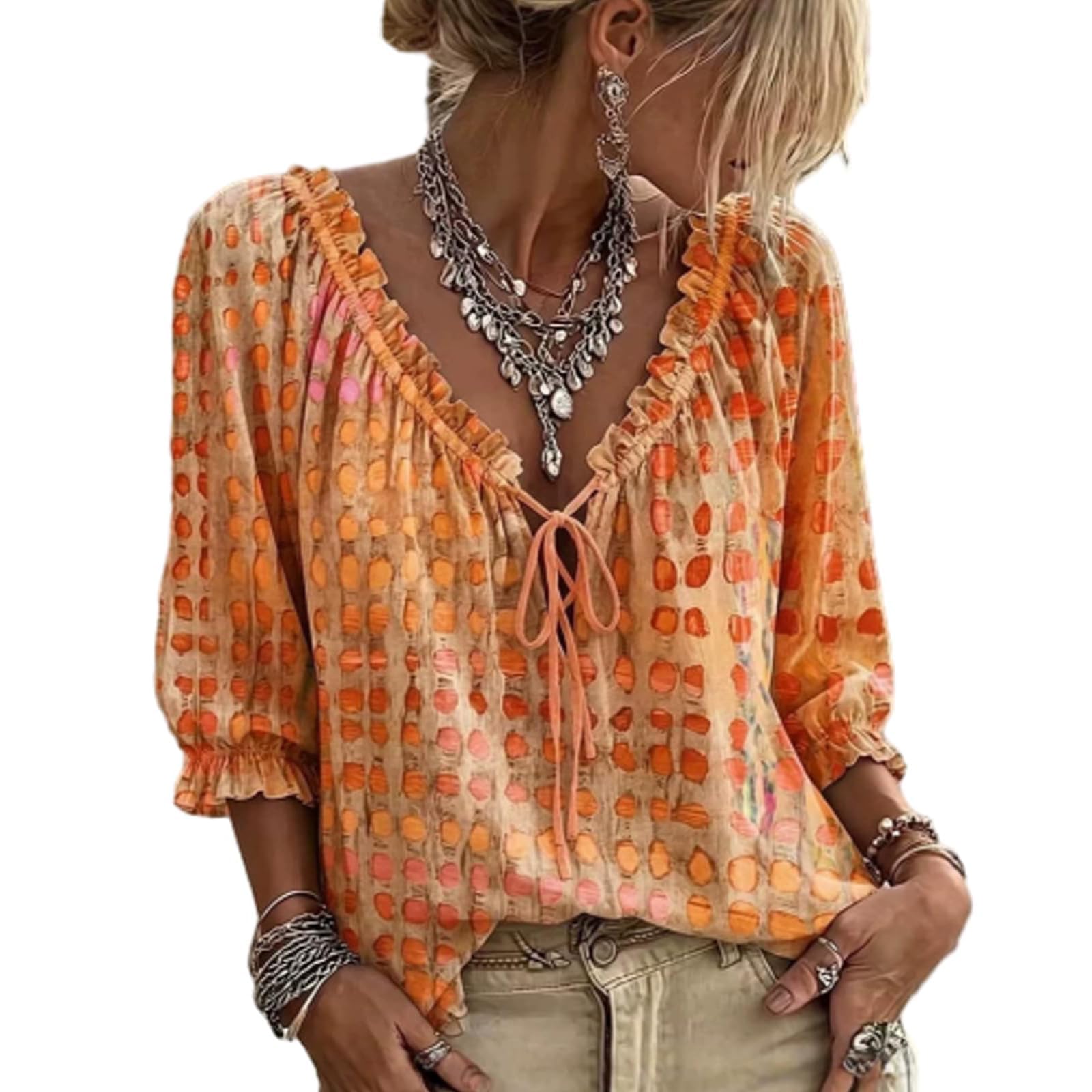 Women V Neck Tie Front Boho Blouse 3/4 Sleeve Flowy Ruffle Top Relaxed Fit Print