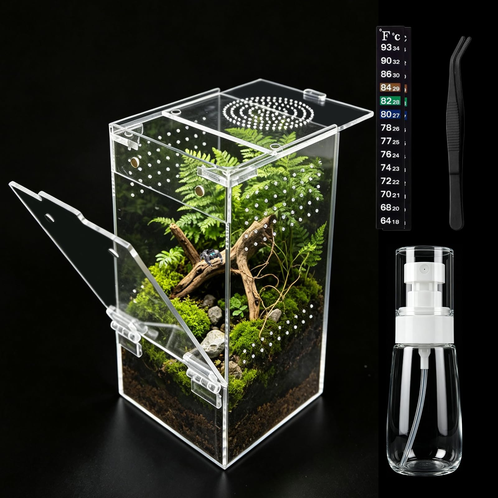 Jumping Spider Enclosure 4" x 4" x 8" Fully Assembled Acrylic Habitat Kit | Fron