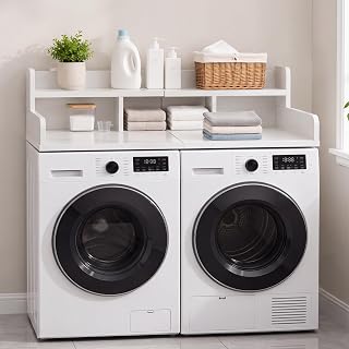 58" Washer Dryer Countertop with Shelf, Stop Edge and Non-slip Pads, White | Wooden Laundry Countertop, 58" x 28" Double Layer Topper for Laundry Room Organization Hamper Counter, Sorting, Folding
