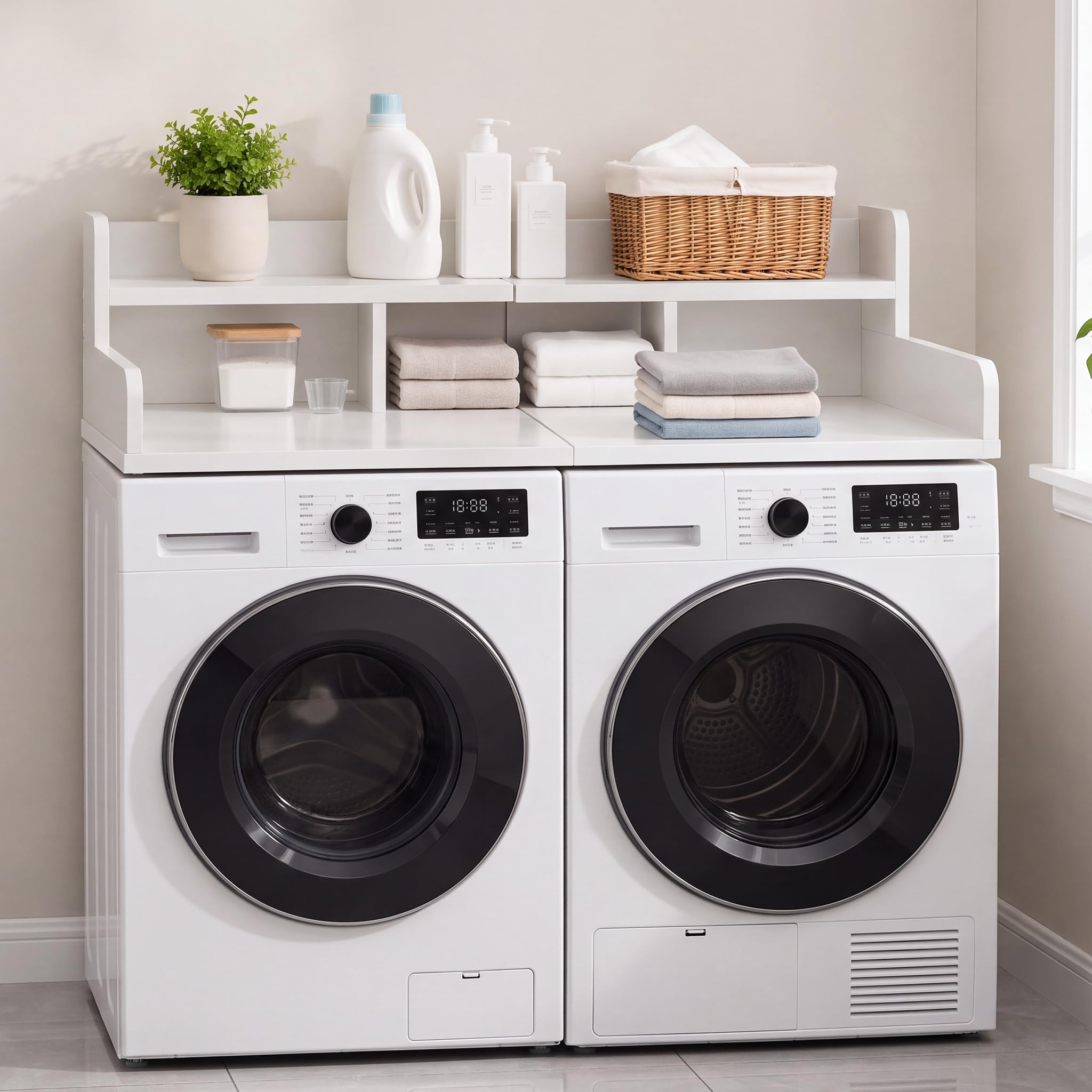 58" Washer Dryer Countertop with Shelf, Stop Edge and Non-slip Pads, White | Woo