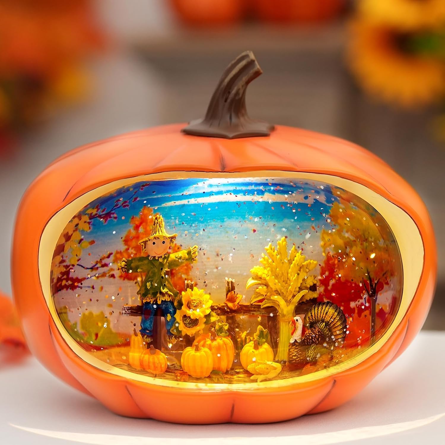 Fall Decor Snow Globes Lighted Pumpkin Thanksgiving Decoration Swirling Glitter 