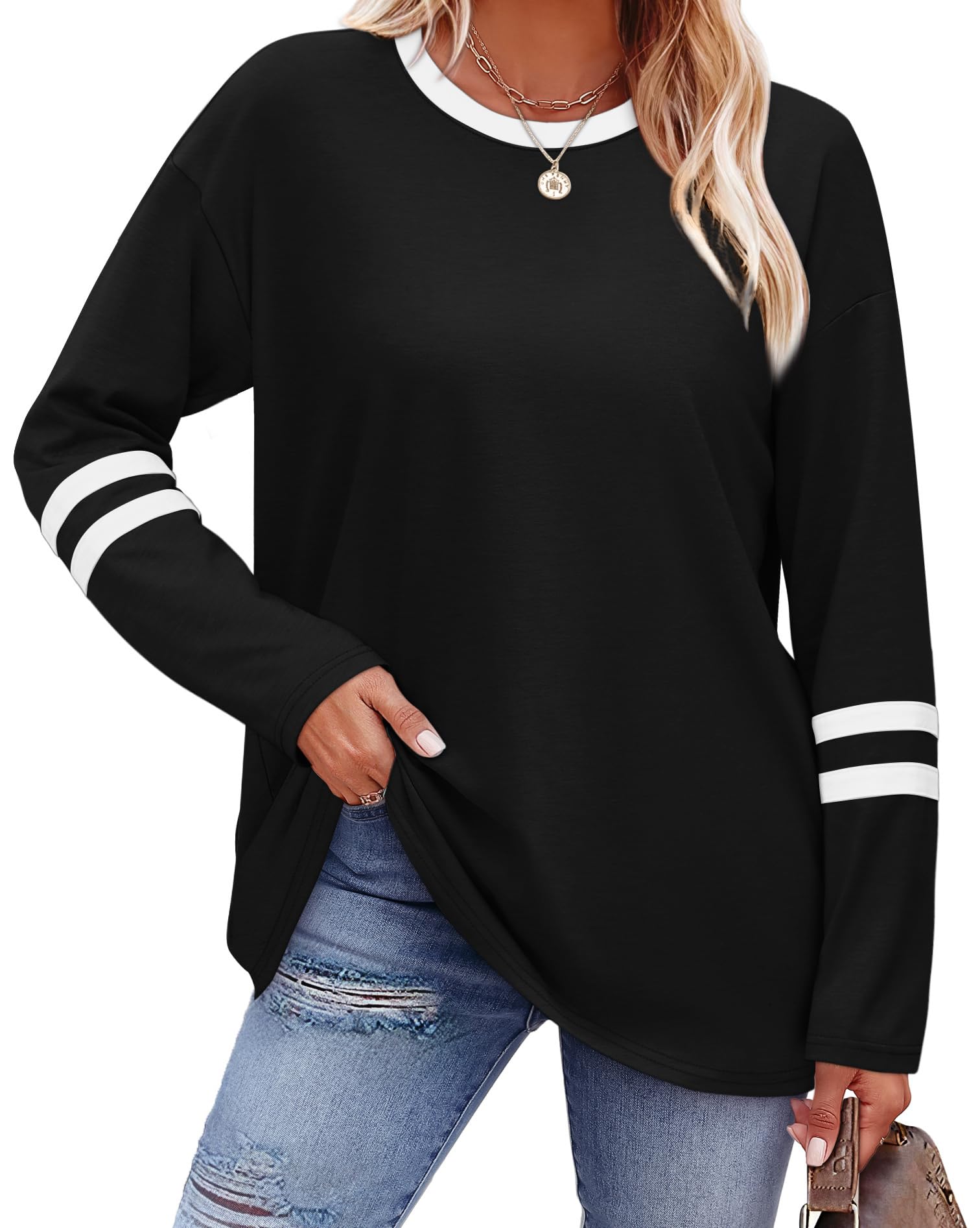 Sampeel Long Sleeve Shirts for Women Color Block Casual Tops Fall Outfits 2026 B