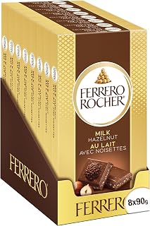 FERRERO ROCHER Chocolate Bar - Milk Hazelnut - 90 g Pack x 8 | Premium Milk Chocolate Bar with Hazelnut & Cocoa Filling - 90 g Pack - 8 Packs - Ideal for Treating and Sharing