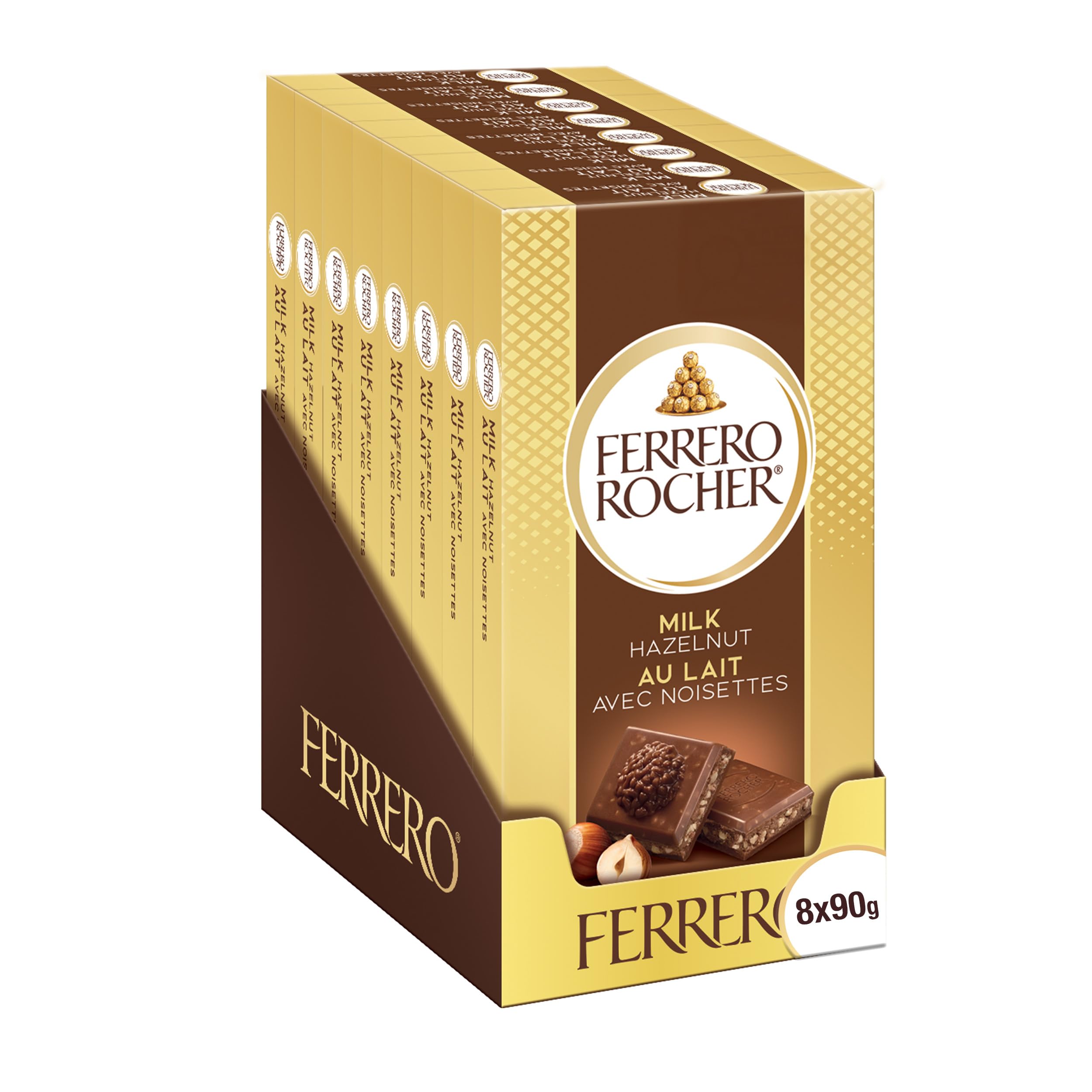 FERRERO ROCHER Chocolate Bar - Milk Hazelnut - 90 g Pack x 8 | Premium Milk Choc