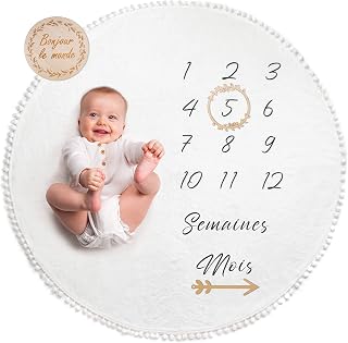 ODOXIA Baby Stage Blanket in French | Round Photo Mat for Boy, Girl, Unisex | Neutral | Personalised Baby Shower Gift | Baby Photo Mat | Wooden Frame Provided