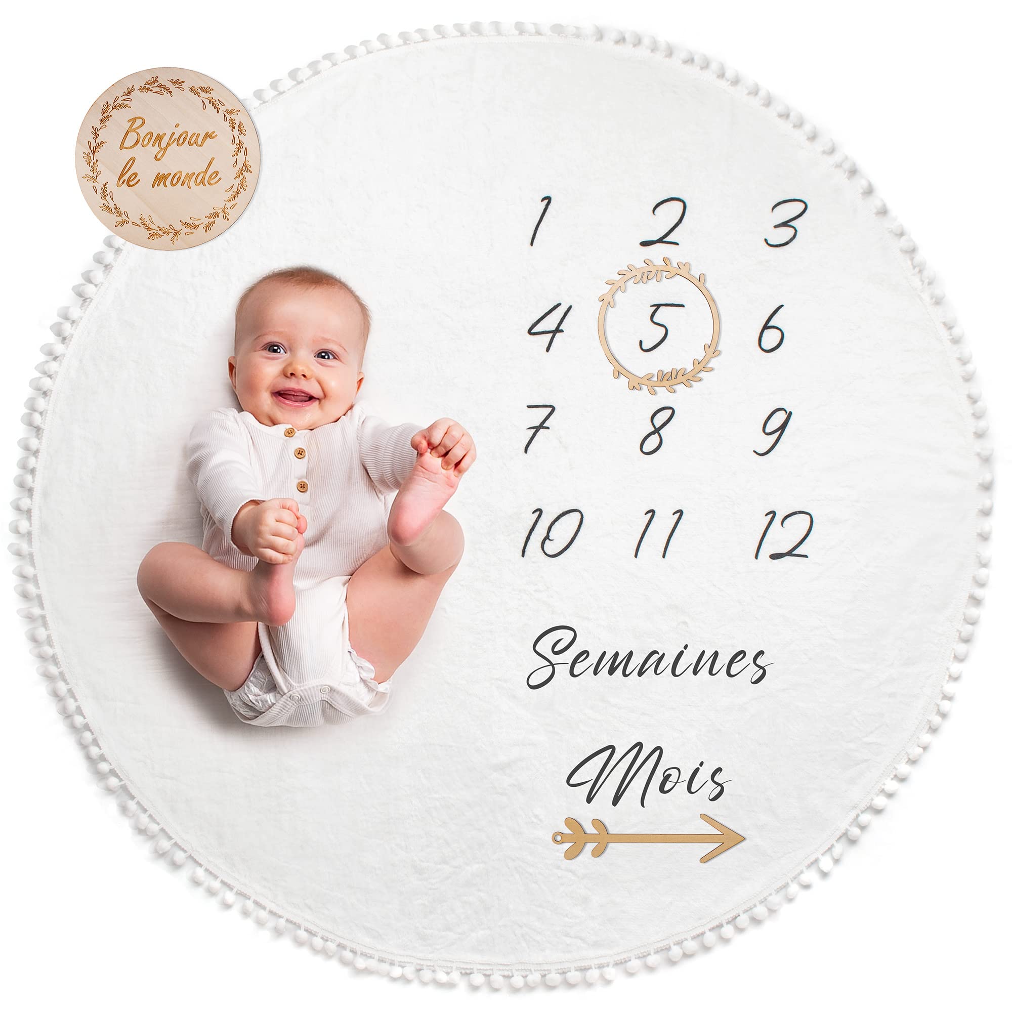 ODOXIA Baby Stage Blanket in French | Round Photo Mat for Boy, Girl, Unisex | Ne