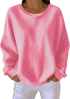 Hnodov Women's Waffle Knit Shirts Long Sleeve Oversized Pullover Top | Waffle Textured Crew Neck Pullovers Business Casual outfits, Solid Color Fall Basic Tee Tops Travel Daily Wear