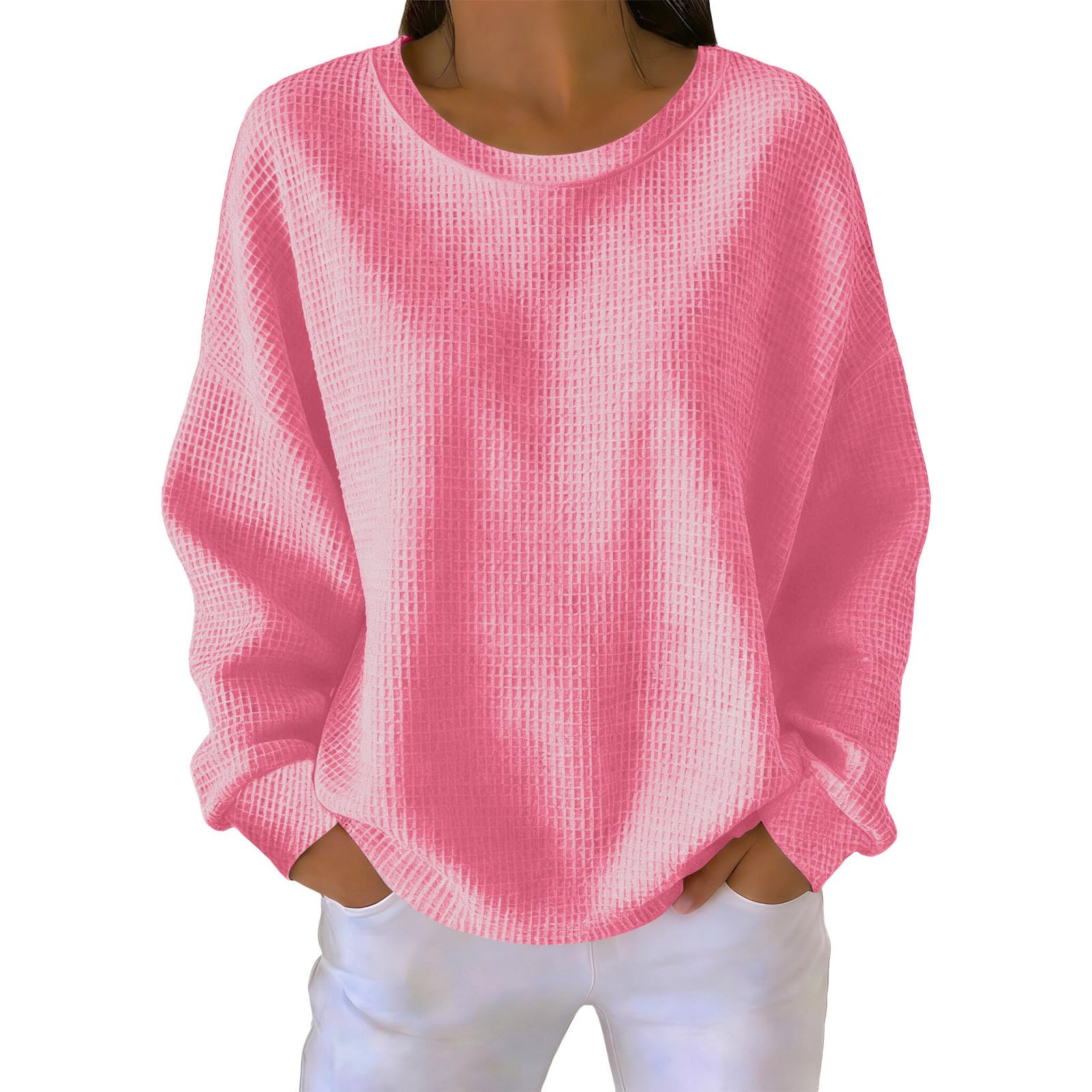 Hnodov Women's Waffle Knit Shirts Long Sleeve Oversized Pullover Top | Waffle Te
