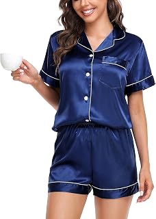 Vlazom Pyjamas for Women, Soft Satin Pjs Set Two Piece Silk Pyjamas for Ladies Button Down Sleepwear Loungewear 6-24 UK Size