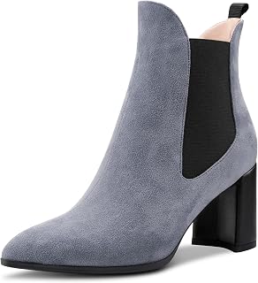 Aachcol Women's Chelsea Ankle Boots Closed Toe Slip-on Chunky Block High Heel Suede 7.5 cm