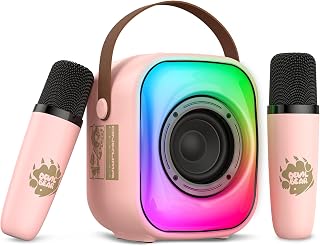 PHNIXGAM Mini Karaoke Machine with 2 Wireless Microphones, Portable Bluetooth Speaker, Karaoke Microphone with LED, Speaker Support for TF Card/USB, AUX in (Pink)