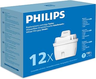 Philips Water Replacement Filter Cartridges Taste+, 12-Pack, Reduces MICROPLASTICS, Chlorine, LIMESCALE, Heavy Metals, Packaging May Vary, Compatible with Brita*