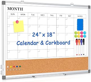 Dry Erase Calendar Whiteboard for Wall, 24" x 18" Monthly Cork White Board | Double-Sided Magnetic, Calendar Cork Whiteboard Combo, Aluminium Frame, Bulletin Portable Board, Home Office School