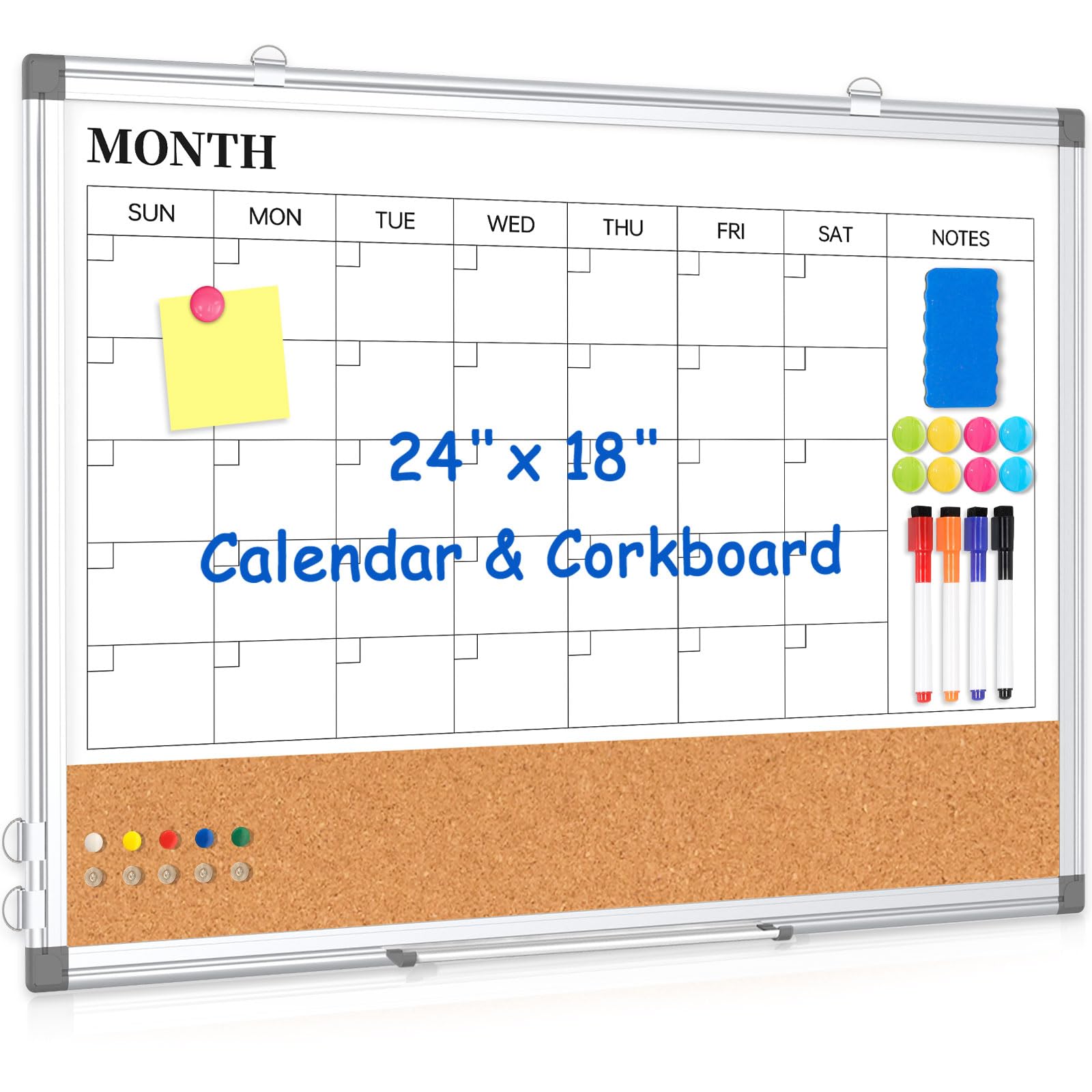 Dry Erase Calendar Whiteboard for Wall, 24" x 18" Monthly Cork White Board | Dou