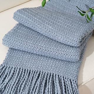 BATTILO HOME Dusty Blue Throw Blanket for Sofa Couch Office Living Room Home Decor Textured Soft Cozy Knit Throw with Tassels Suitable All Seasons 50"x60"