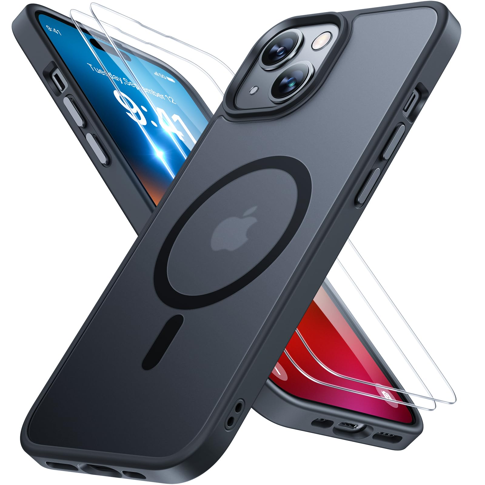 Miracase Case for iPhone 15 with Magsafe & 2 9H+ Tempered Glass, Black