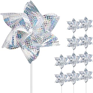 10 Pack Reflective Pinwheels for Garden Yard - Sparkly Silver Bird Deterrent Devices for Outside - Humane Woodpecker, Pigeon & Goose Repellent Wind Spinners - Decorative Mylar Pin Wheels with Stakes