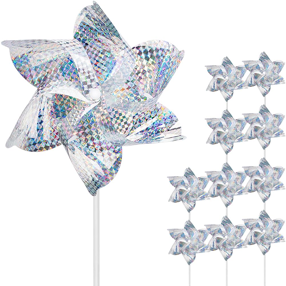 10 Pack Reflective Pinwheels for Garden Yard - Sparkly Silver Bird Deterrent Dev