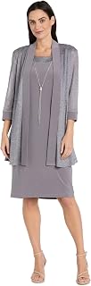 R&M Richards Women's Formal 2-Piece Metallic Rib Knit Pleated Jacket & Shift Dress Set with Necklace for Mother of the Bride