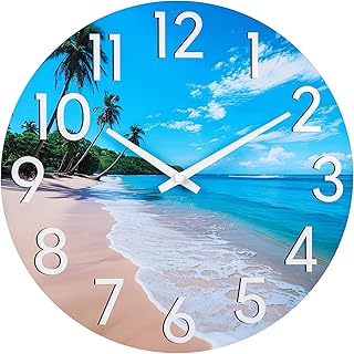 JoFomp Beach Outdoor Clocks for Patio, Large Outdoor Clocks Waterproof 12 Inch with Glass, Outdoor Wall Clocks Battery Operated, Pool Clock Outdoor Weatherproof, Outside Clock for Backyard/Garden