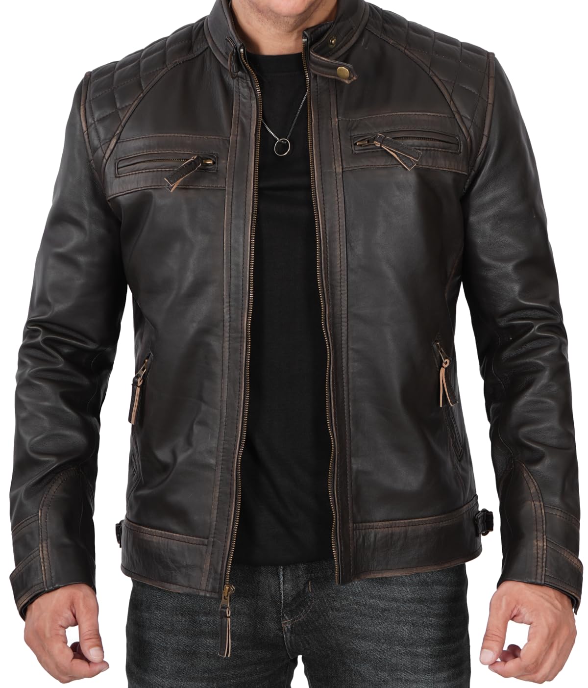 Blingsoul Giacca in pelle da motociclo Uomo - Giacche in pelle trapuntate Cafe R
