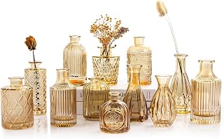 TBWIND Gold Amber Glass Bud Vases Set of 12, Small Vases for Flowers | Mini Vintage Vases, For Centerpieces, Bud Vase in Bulk, For Wedding Decor, Single Flowers, Office and Home Table Flower Décor