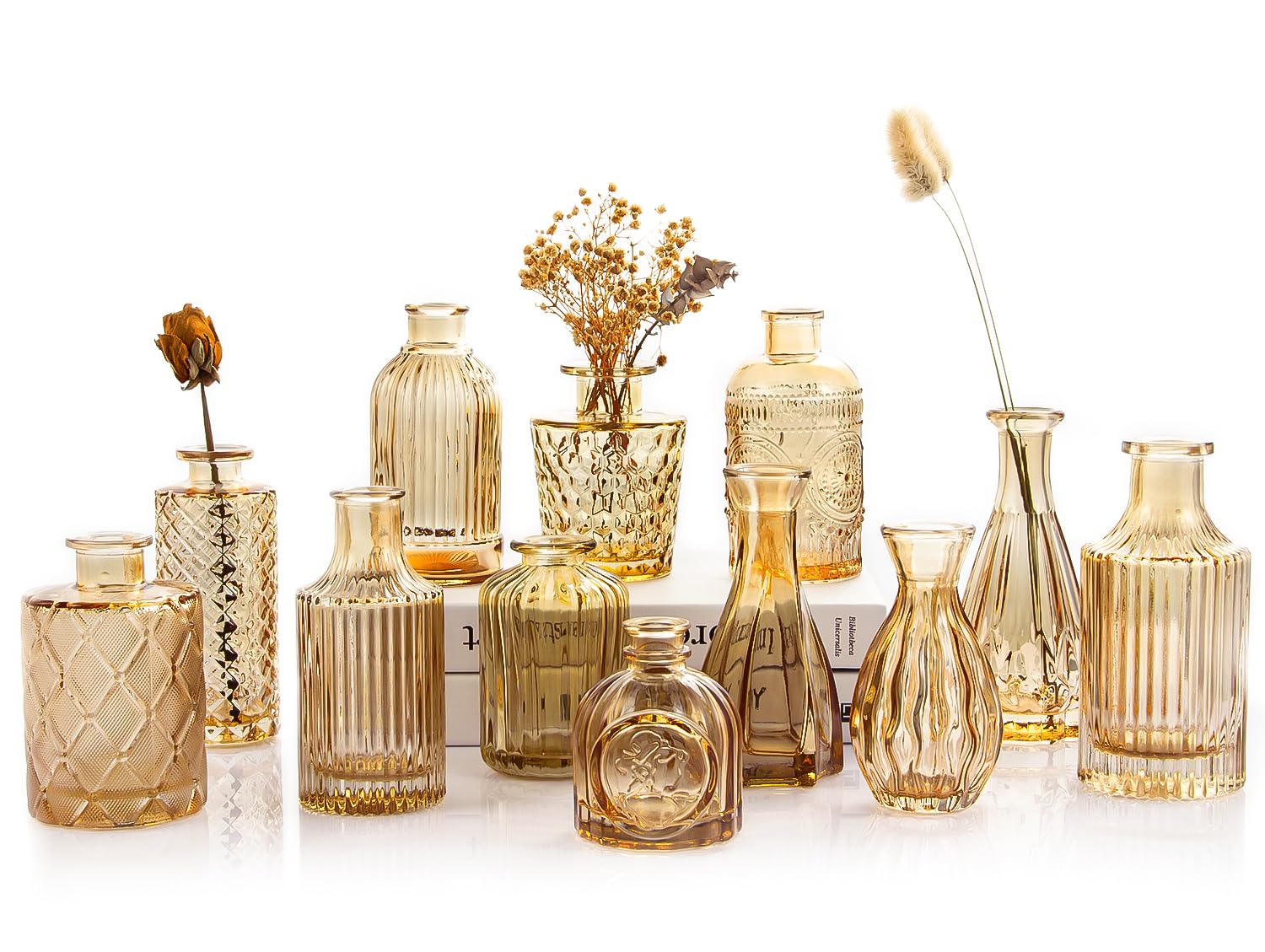 TBWIND Gold Amber Glass Bud Vases Set of 12, Small Vases for Flowers | Mini Vint
