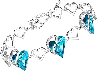 Leafael Infinity Love Heart Gift Bracelet for Women, Birthstone or Healing Stone Crystal, Silver Tone Birthday Jewelry for Her, Mom, and Wife, 7-inch Chain and 2-inch Extender