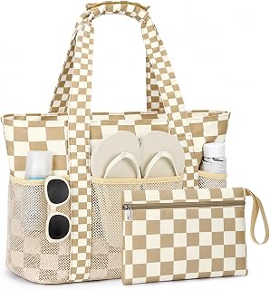 VASCHY 21L Foldable Beach Bag for Women, Sandproof Medium Tote Bag with Zip