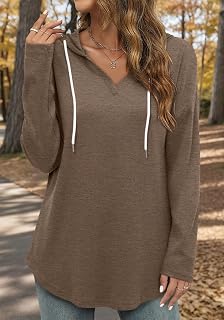 Women Hooded Sweatshirt Long Sleeve Drawstring V Neck Loose Fit Casual Autumn