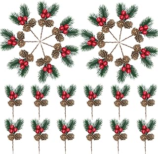 Christmas Floral Picks, 30Pcs Pine Cone Holly Berry Stems for Crafts, Artificial Christmas Picks and Sprays, Red Berry Branches Greenery for Christmas Home Decor, Garland, Wreath (30)