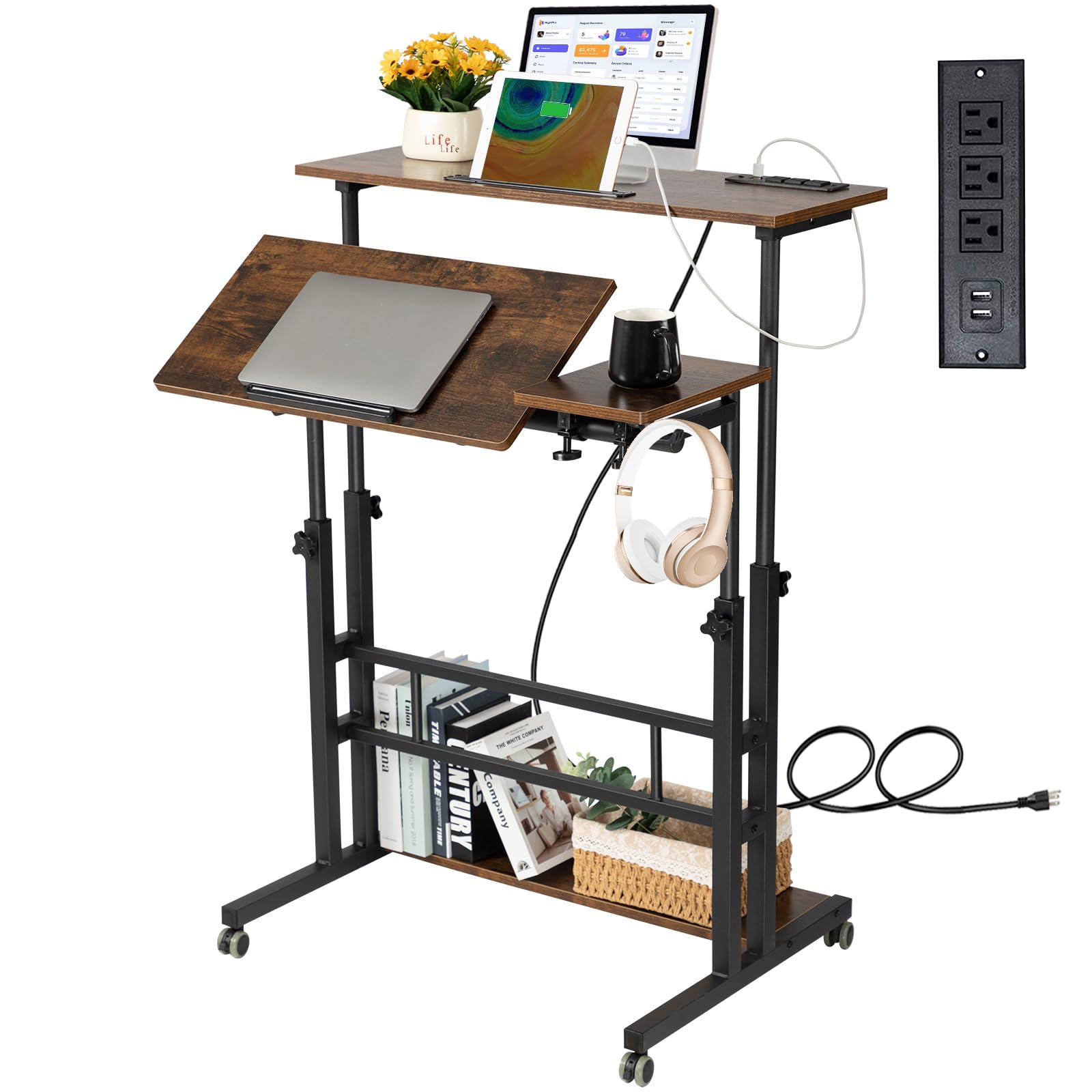 Hadulcet Mobile Standing Desk Adjustable Height, Rolling Desk Stand Up Desk, Mob