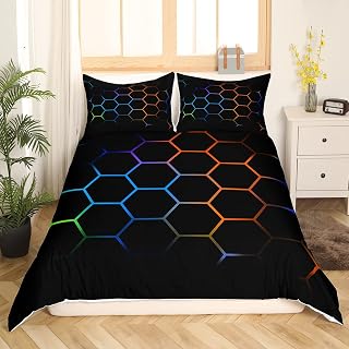 Feelyou Geometric Duvet Cover Set Honeycomb Bedding Set for Kids Boys Girls Multicolor Hexagonal Shaped Comforter Cover Orange Blue Red Black Decor Quilt Cover Bedroom Collection 2Pcs Twin Size
