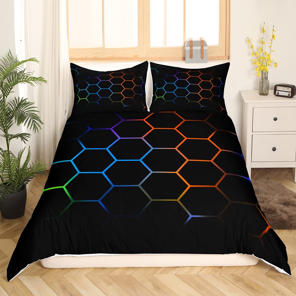 Feelyou Geometric Duvet Cover Set Honeycomb Bedding Set for Kids Boys Girls Mult