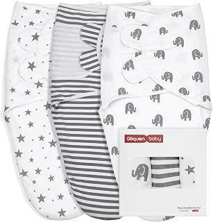 GLLQUEN 3 Pack Baby Swaddle Wraps 0-3 Months Organic Cotton OEKO-TEX | Soft Breathable Adjustable Bag for Sleep, Reduce Startle Reflex, Cosy Fastener Wings, Unisex(New Grey)
