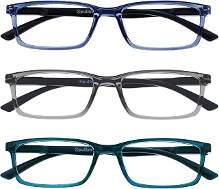 OPULIZE See - Reading Glasses Filter Set of 3 Blue Light Narrow Frame Spring Hinges Improve Sleep Gaming Computer Anti Glare Blue Grey Turquoise Men Women BBB9-37Q +2.00