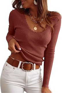 ANRABESS Women’s Long Sleeve Scalloped Scoop Neck Ribbed Fall Sweater