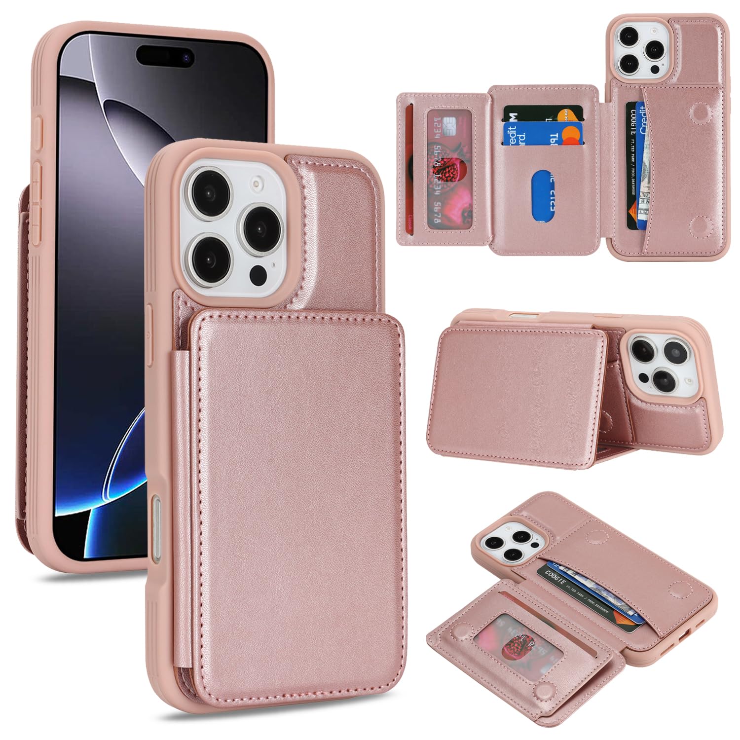 Cavor for iPhone 16 Pro Max Wallet Case with Card Holder, Rose Gold