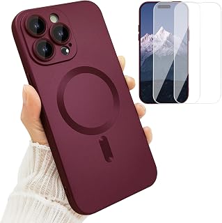 ankofave Magnetic Case for iPhone 15 Pro Max Phone Case for Women, [Compatible with MagSafe] Matte Soft Metallic Design with Lens Protectors and 2 Screen Protectors for iPhone 15 Pro Max 6.7"-Wine Red