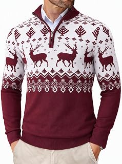 COOFANDY Men's Quarter Zip Christmas Sweater Ugly Pullover Party Holiday