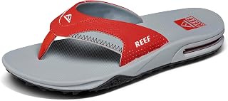 Reef Fanning Pregame Men's Flip Flops with Bottle Opener, Arch Support, Durable Sole, Water Resistant, Crimson/White, 45 EU