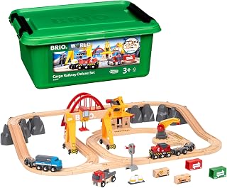 BRIO World Cargo Railway Deluxe - Wooden Track Train Set - Battery-Powered Engine, 3 Cranes, Bridge, Truck - Kids Ages 3+ - Compatible with All BRIO Sets - FSC Certified Wood - 54-Pieces