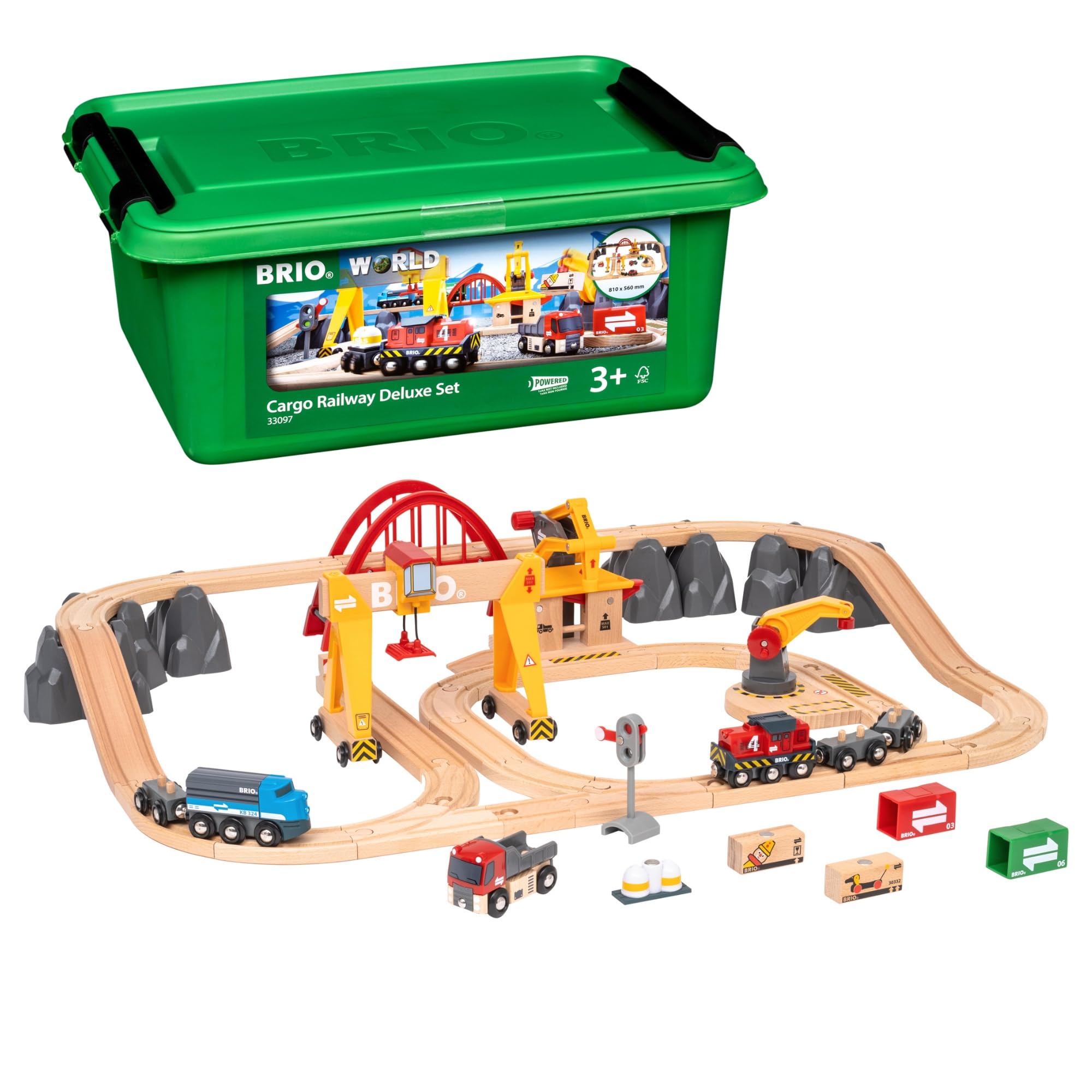 BRIO World Cargo Railway Deluxe - Wooden Track Train Set - Battery-Powered Engin
